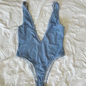 high French cut striped thong one piece bikini